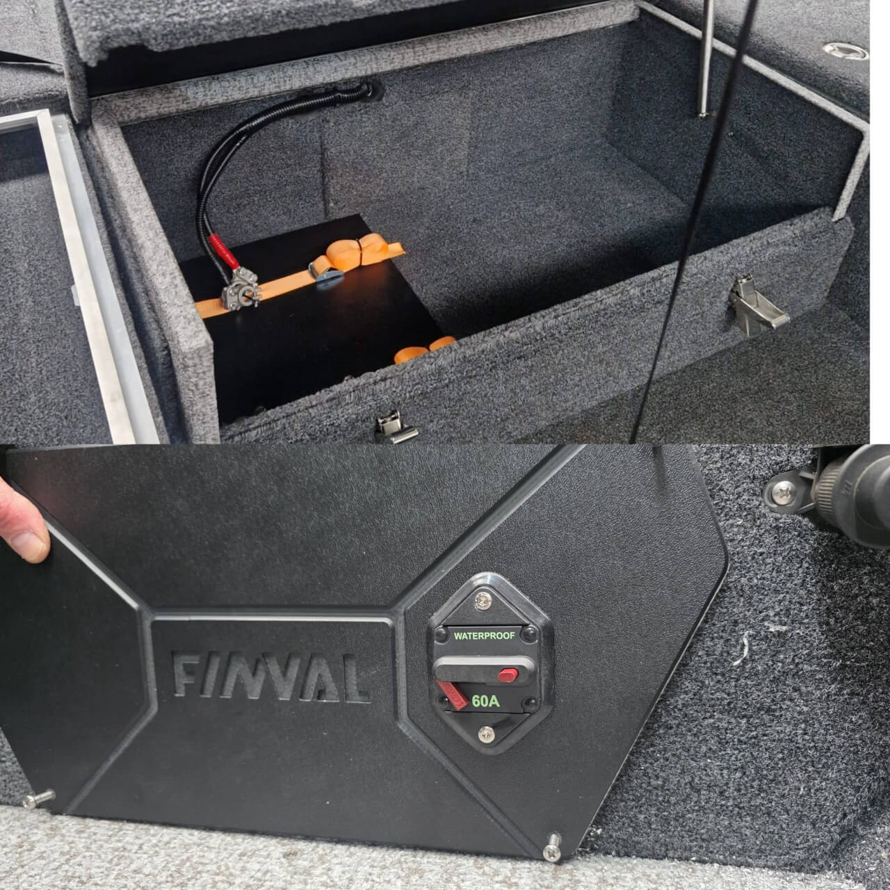 Příprava na montáž elektromotoru 12V/24V (montáž kabelů, instalace zabudovaného tepelného jističe 60A, upevnění svorek baterie, vrtání instalačních otvorů, upevnění elektrických baterií)